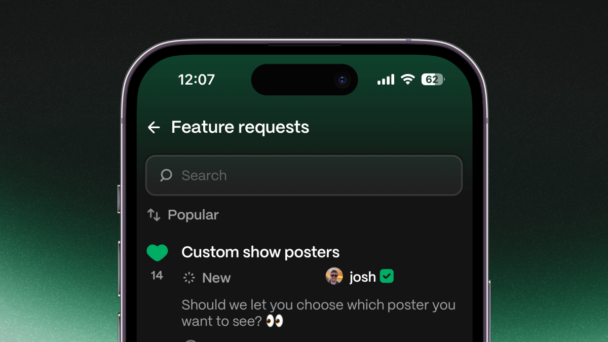 A screenshot of the new Feature Requests screen, with the top request for Custom show posters.