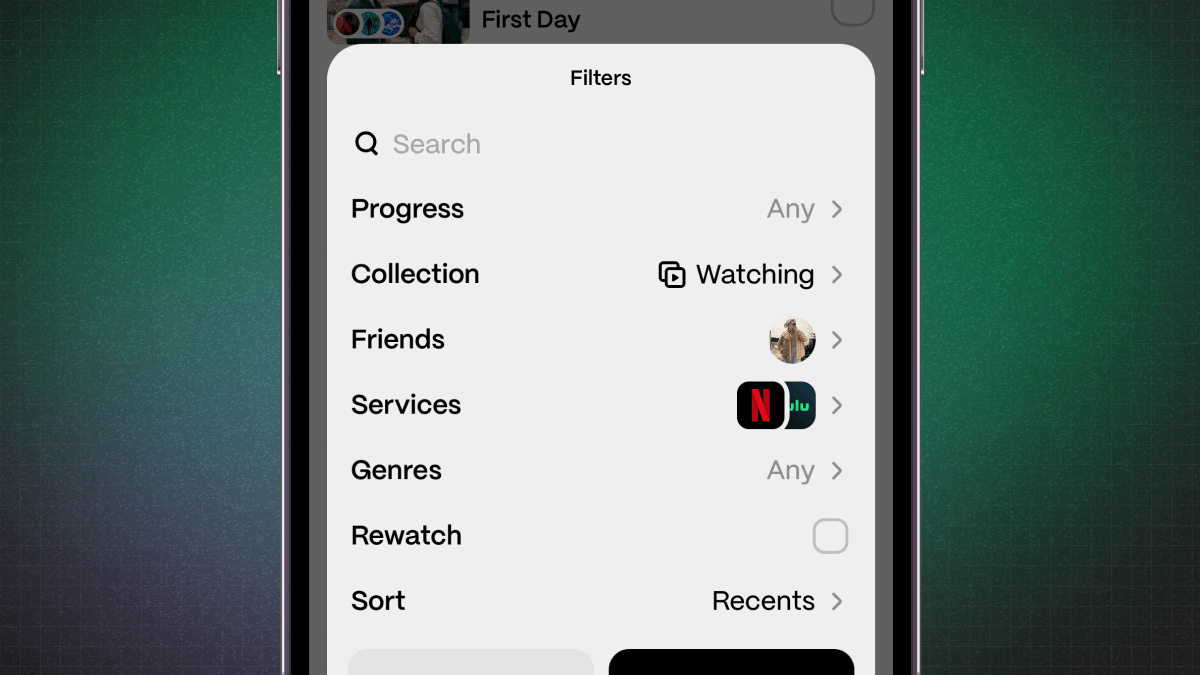 A screenshot of the new filter menu which includes options like search, progress, collection, friends, and more.