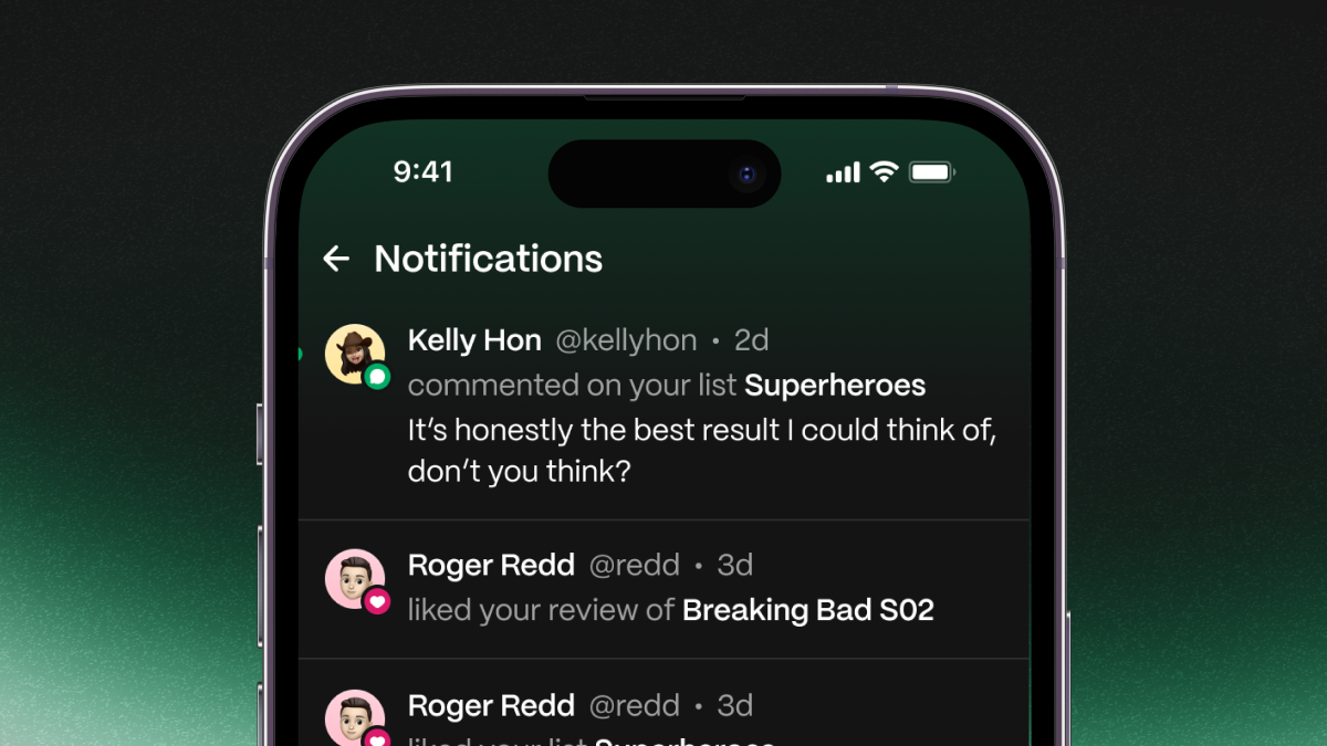 A screenshot of the new notifications screen, including a new comment from a user on a list titled "Superheroes".