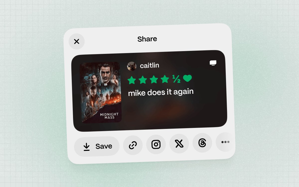 A screenshot of the new share sheet, with a review for Midnight Mass.