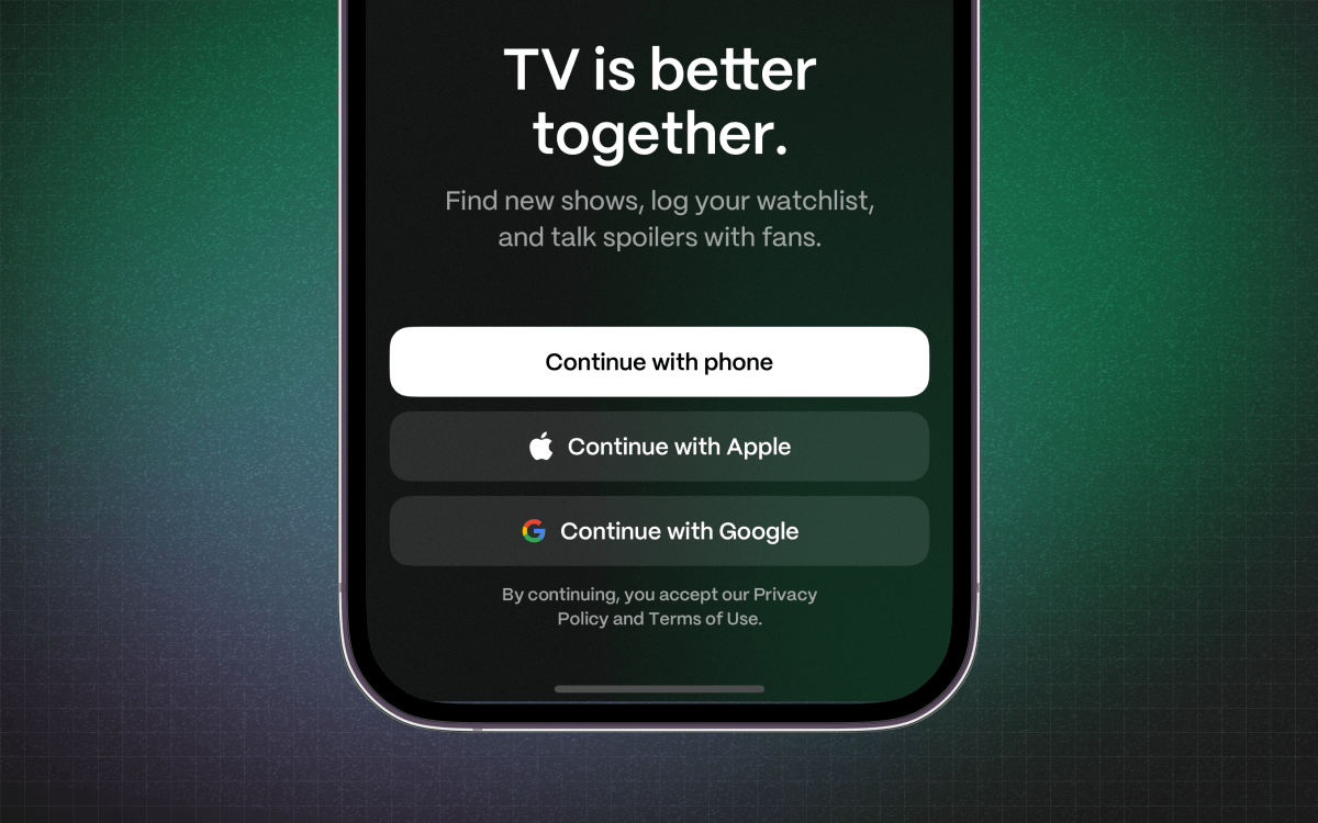 A screenshot of the launch screen, with options to sign in with Google, Apple, or your phone number.