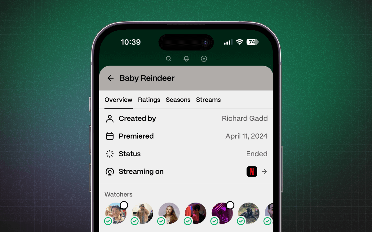 A screenshot of the new overview section on the Baby Reindeer show page, with a new minimized topbar.