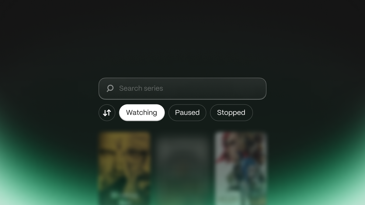 A search bar that reads "Search series", with a button to sort and three filters: Watching, Paused, and Stopped.