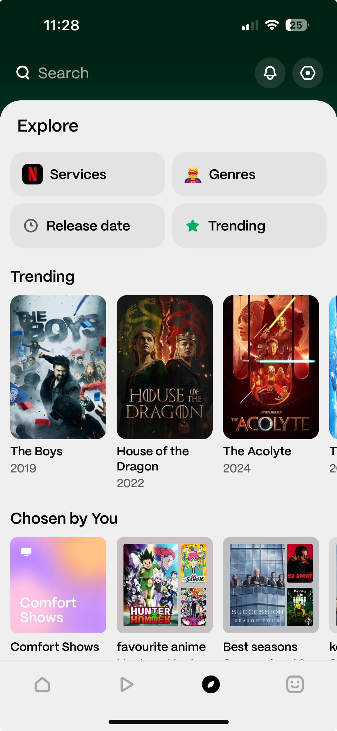 The Explore screen of Marathon's iOS app, showing a list of trending shows and filters for service, genre, and release date.