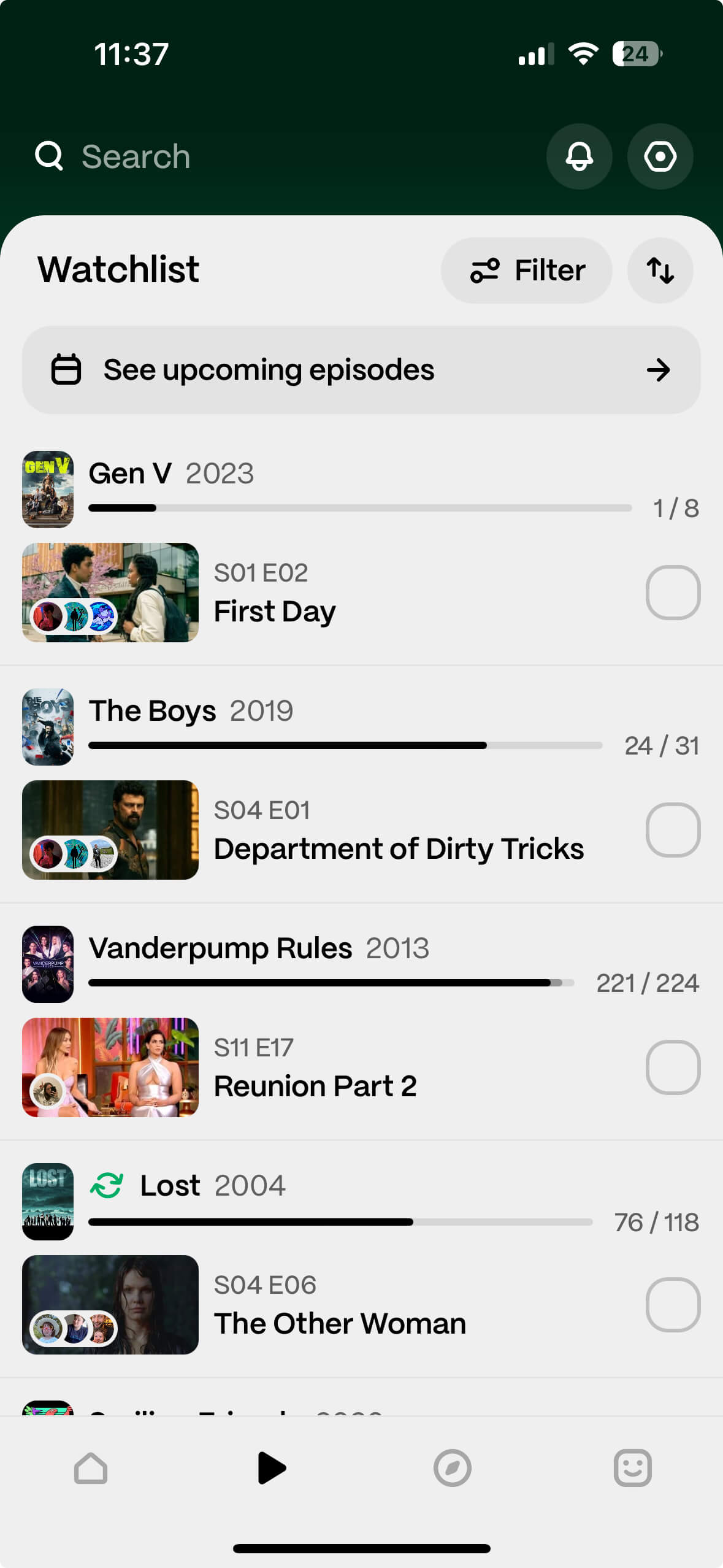 The Watchlist screen of Marathon's iOS app, showing a list of next episodes to watch and your progress.